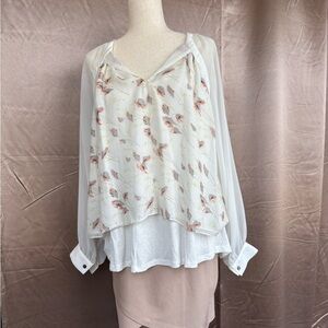 Wink White and Cream Tie Front Blouse with Long Sleeves